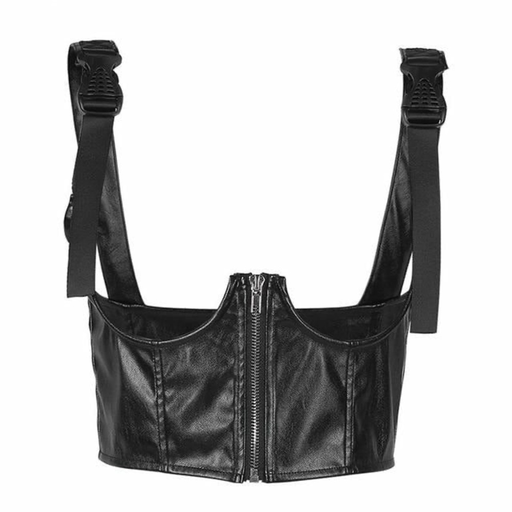 Postrgrl Black Faux Leather Zip Front Harness Crop Top